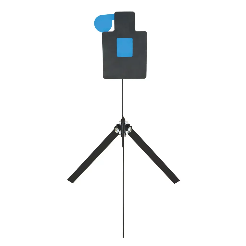 Steel shooting target silhouette with reactive paddle on a tripod stand.
