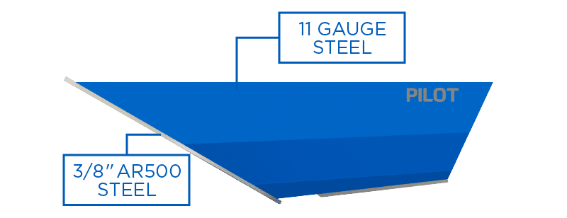 Diagram of steel bullet trap panel labeled with 11 gauge and 3/8 inch AR500 steel