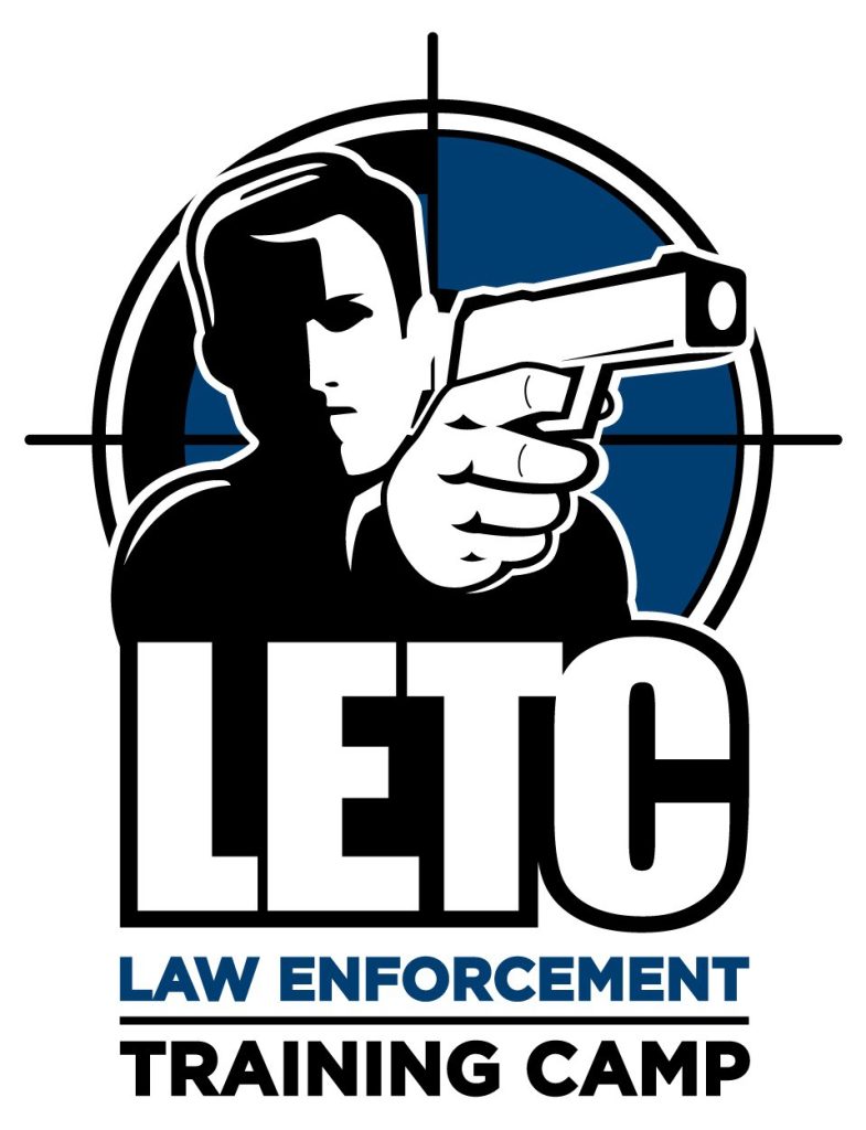 Logo for Law Enforcement Training Camp (LETC) featuring a stylized figure aiming a handgun inside a blue and black target design.