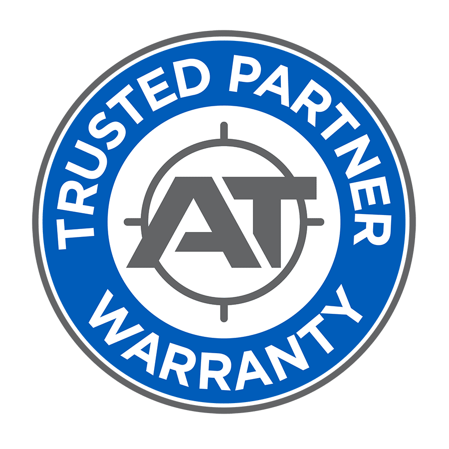 Action Target Trusted Partner Warranty logo with blue circular border and AT initials in center crosshair.