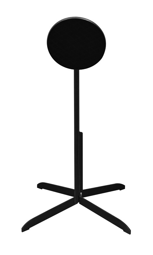 Round steel shooting target mounted on a freestanding four legged base.
