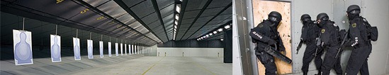 Composite image showing an indoor shooting range with silhouette paper targets on the left and tactical officers training on the right.