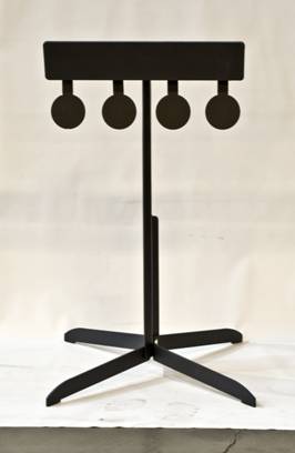 Steel plate rack shooting target with four hanging circular plates on a freestanding base.
