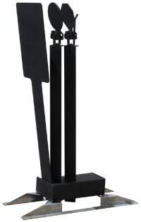 Steel shooting target system with three vertical stands featuring different shaped plates for training and marksmanship drills.