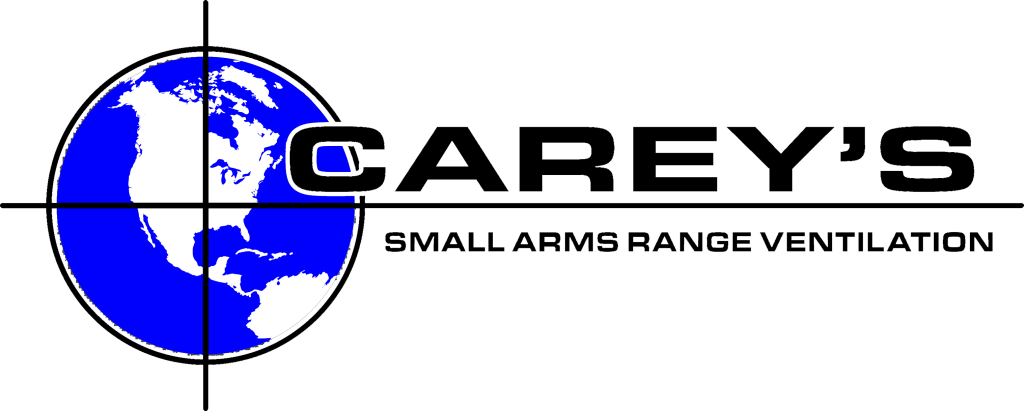 A globe with crosshairs beside "CAREY'S SMALL ARMS RANGE VENTILATION" in black, on a white background.