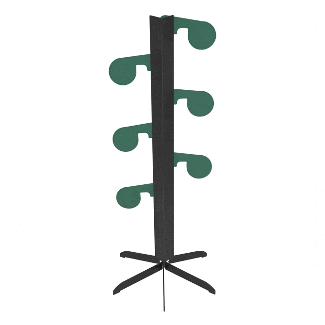 Rotating black rack holds green hooks, standing on a star-shaped base.