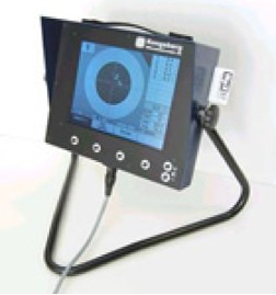 Electronic scoring monitor displaying target results with digital bullseye interface and mounted control buttons.