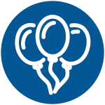 Balloons grouped together floating against a blue circular background.