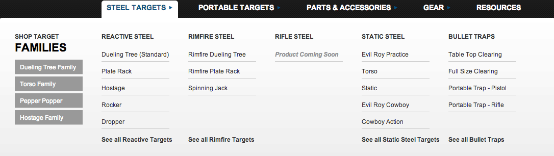 Mega_Menu Menu layout for steel targets; features categories like Reactive Steel, Rimfire Steel, and Bullet Traps.