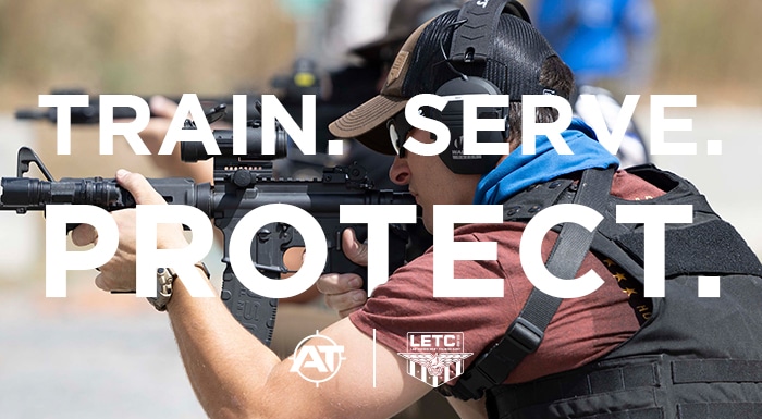 Person aiming a rifle during live-fire training with ‘Train. Serve. Protect.’ text overlay.
