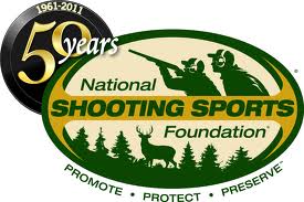 National Shooting Sports Foundation 50th anniversary logo with hunters, deer, and trees.