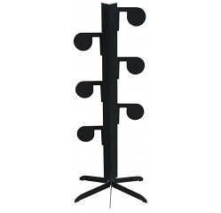 Black metal coat rack; upright with curved hooks; stands on four-legged base; minimalist design.