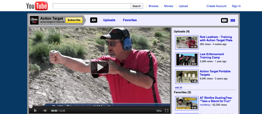 Old YouTube channel page showing Action Target with a video of a man in red shirt and ear protection aiming a handgun.