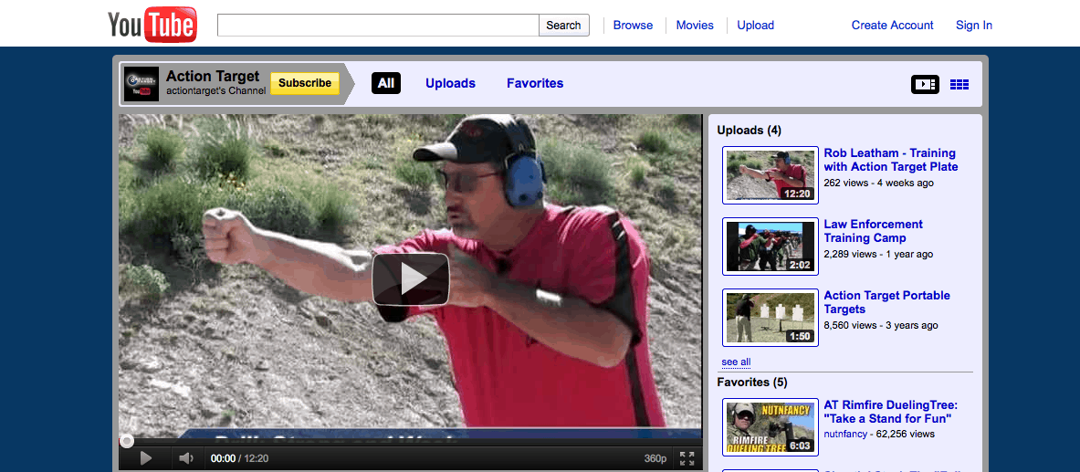 Old YouTube channel page showing Action Target with a video of a man in red shirt and ear protection aiming a handgun.