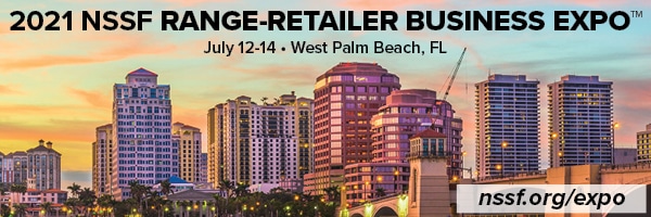 Skyline with tall buildings at sunset; text: "2021 NSSF Range-Retailer Business Expo, July 12-14, West Palm Beach, FL, nssf.org/expo".