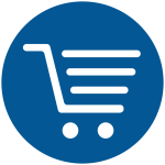 Shopping cart icon, viewed from side, on a blue circular background.