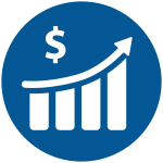 Graph with bars and upward arrow, dollar sign; represents financial growth; blue circular background.