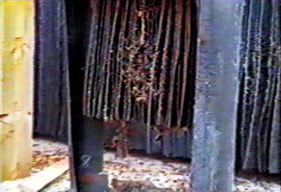 Curtains hang, obscuring view, with debris on floor; indoors, dimly lit atmosphere.