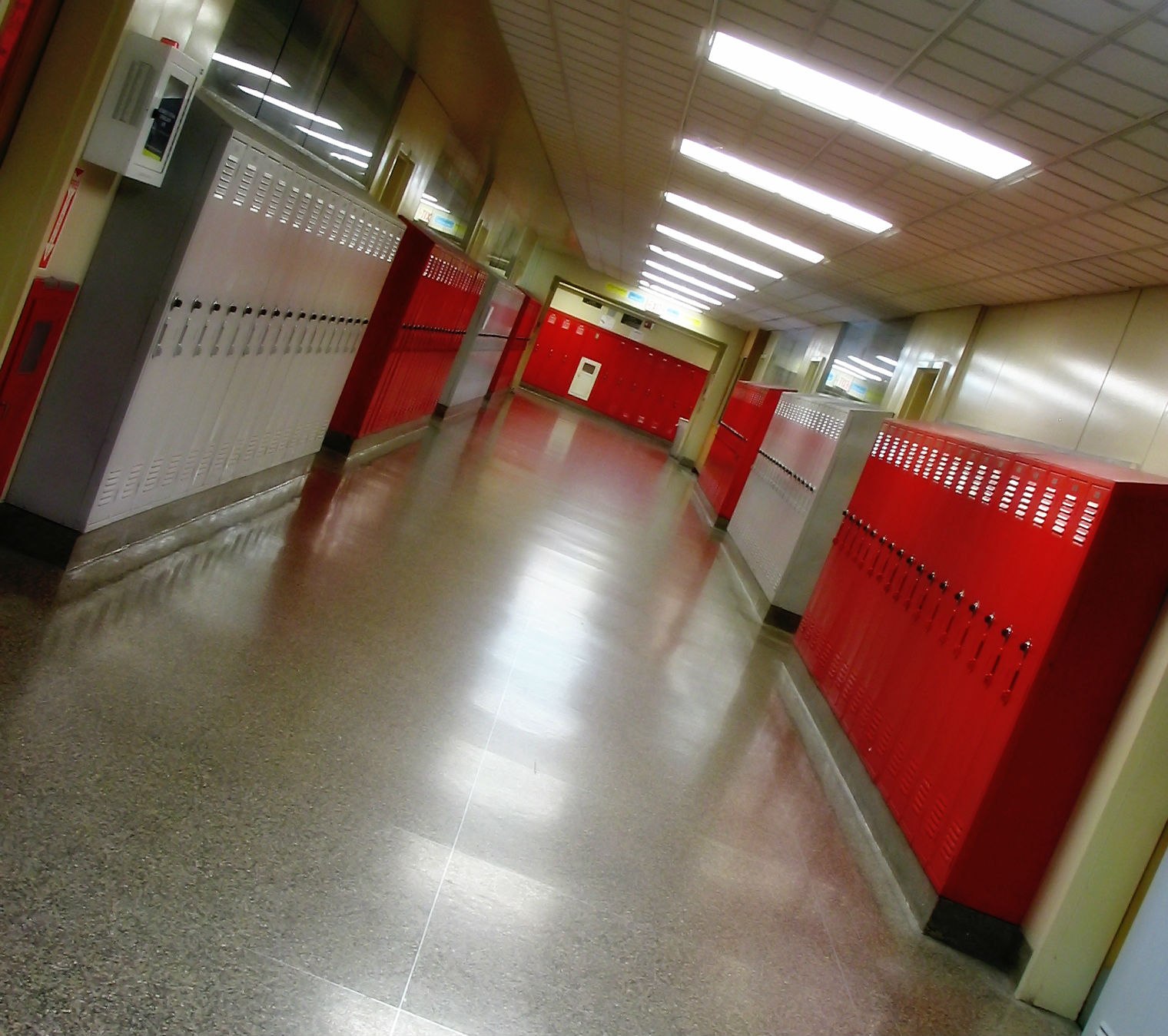 Lockers line a school hallway, various colors, clean reflective flooring, overhead lights on.