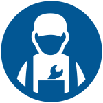 Worker icon with cap and apron, wrench symbol; blue circle background.