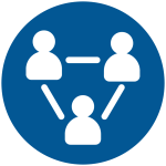 Three connected figures in a circle suggest communication or networking on a blue background.