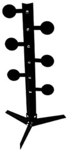 Metal target stand with circular plates, arranged vertically on a three-pronged base.