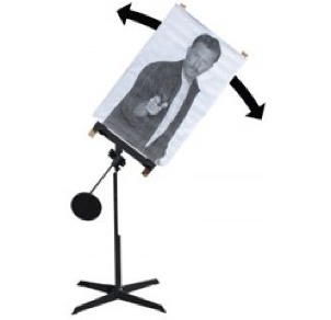 Pivoting paper target stand with a human silhouette image, designed for dynamic shooting drills.