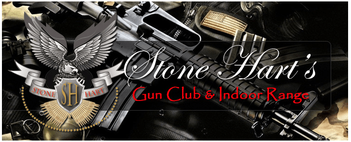 Stone Hart’s Gun Club & Indoor Range logo banner featuring an eagle crest with SH shield overlaid on firearms background.