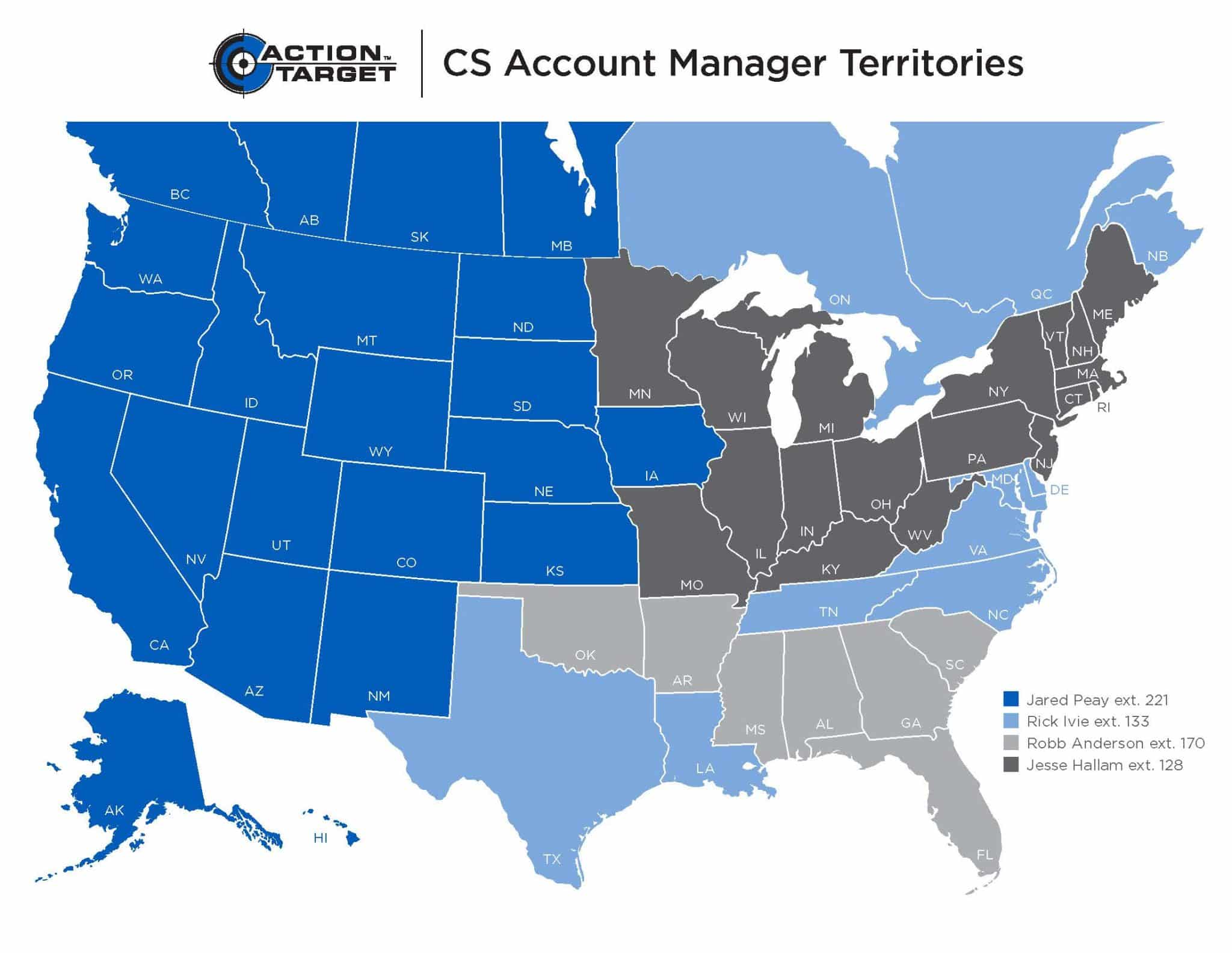 Map of the United States and parts of Canada showing Action Target CS Account Manager Territories.