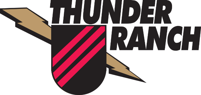 Logo with "THUNDER RANCH" text, shield with red stripes, and lightning bolt design.