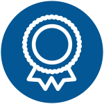 A circular badge icon with a ribbon on a blue background.