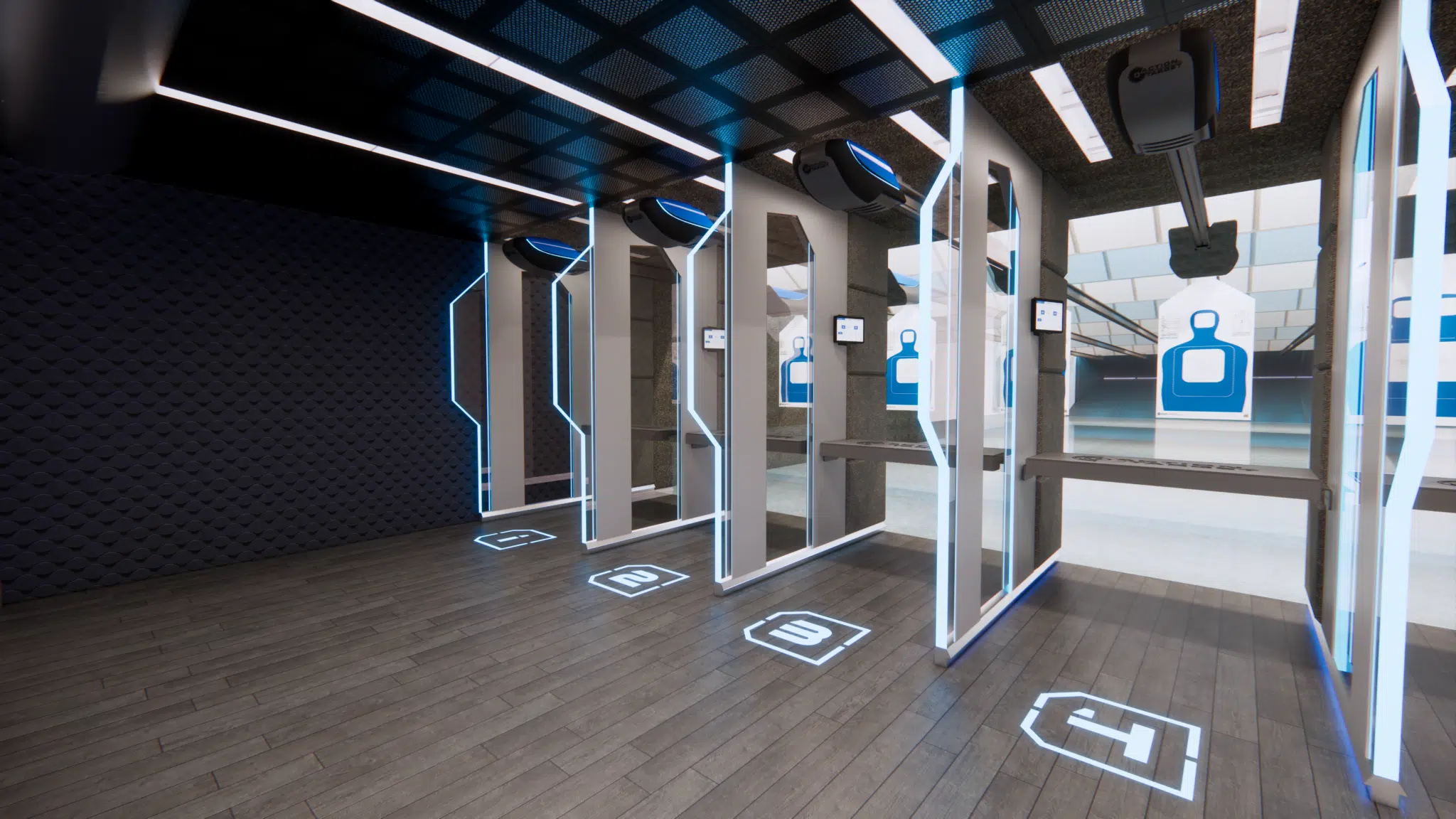 Shooting range; numbered lanes with neon lights and target silhouettes hanging; modern indoor setup.