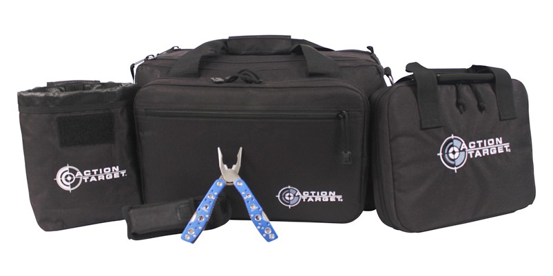 Action Target branded black range bags and gear set with blue-handled pliers in front.