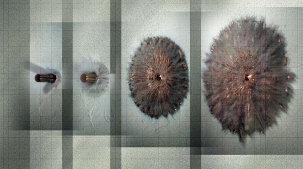 Bullet expanding; sequential stills; gray background.