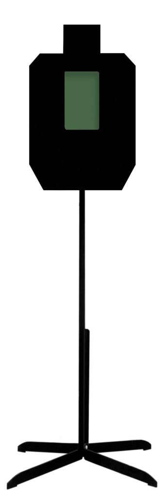 Black steel shooting target silhouette with a square green hit zone in the center, mounted on a tall stand with a wide base.