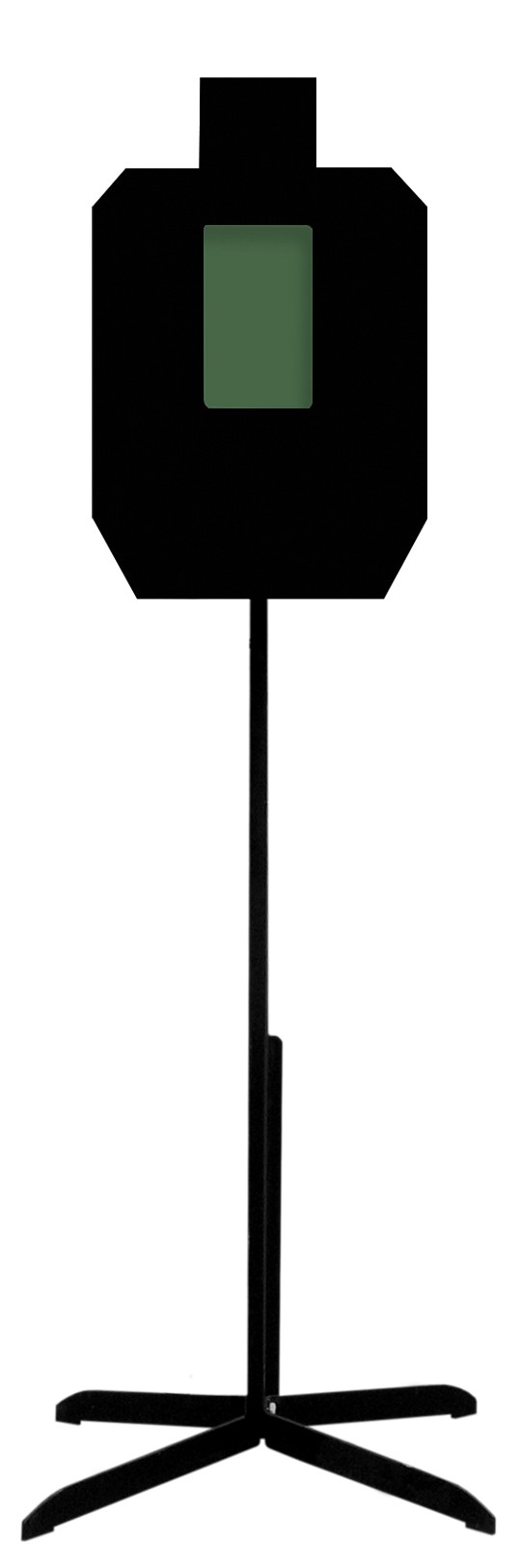 Black steel shooting target silhouette with a square green hit zone in the center, mounted on a tall stand with a wide base.