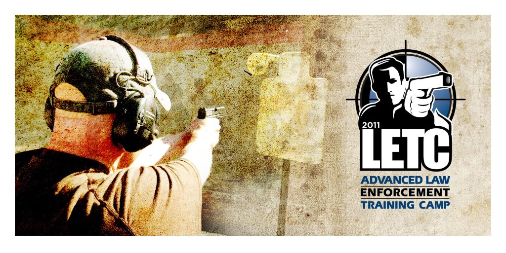 Shooter aiming a handgun at a steel target with 2011 LETC Advanced Law Enforcement Training Camp logo.