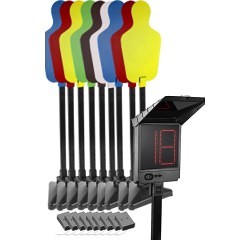 Set of colorful steel silhouette shooting targets with electronic hit counter system for training and competition use.