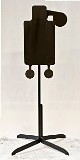 Steel silhouette target with reactive paddles and two swinging round plates on a cross-base stand.