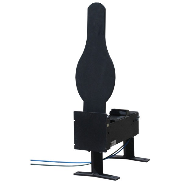 Black steel pop-up shooting target with rectangular base and connected cable for range training exercises.
