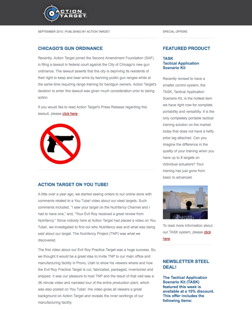 Action Target 2010 newsletter with articles on Chicago gun ordinance, YouTube feature, and TASK kit promo.