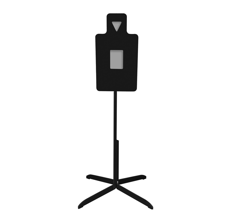 Black steel silhouette shooting target with rectangular and triangular cutouts, mounted on a tall stand with four stabilizing legs.