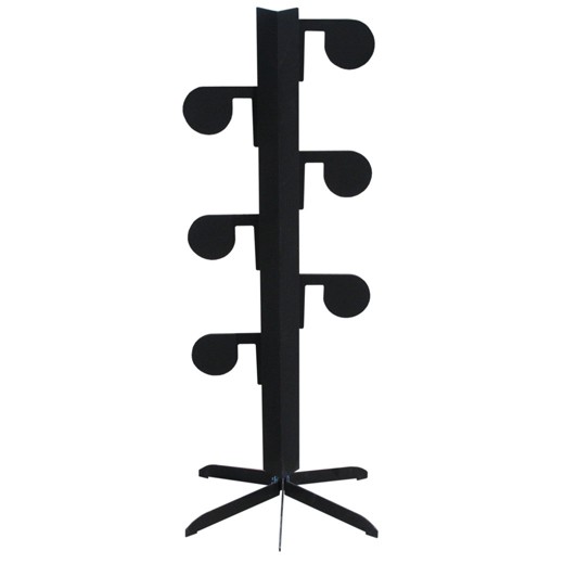 Steel dueling tree target stand with six paddle plates mounted vertically.