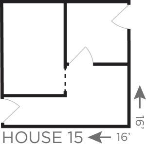 Floor plan of House 15 showing two rooms with doors and 16 by 16 foot dimensions