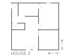 Floor plan of House 3 with multiple rooms and 28 by 28 foot dimensions