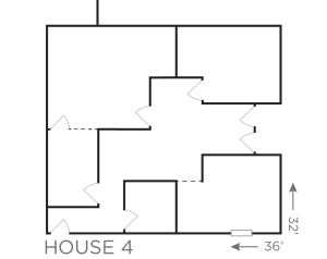 Floor plan of House 4 with multiple rooms and 36 by 26 foot dimensions