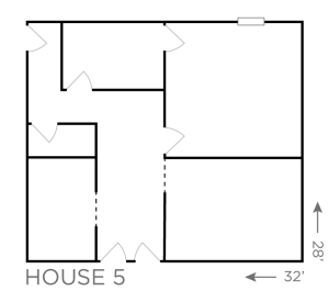 Floor plan of House 5 with multiple rooms and 32 by 28 foot dimensions