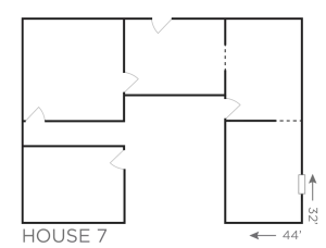 House 7 floor plan measuring 44 by 32 feet with multiple rooms and entry points.