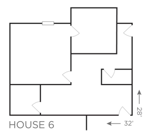 Floor plan labeled House 6, showing a 32' by 28' layout with multiple rooms and door placements.