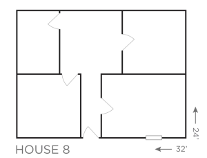 House 8 floor plan showing multiple rooms and entry points for training layout.